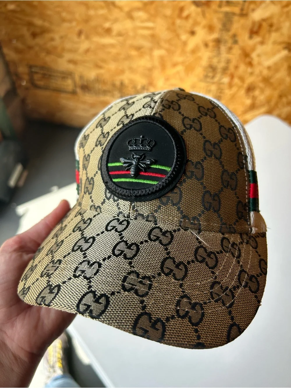 Canvas Baseball Cap with Black Bee Patch and Green-Red Stripe